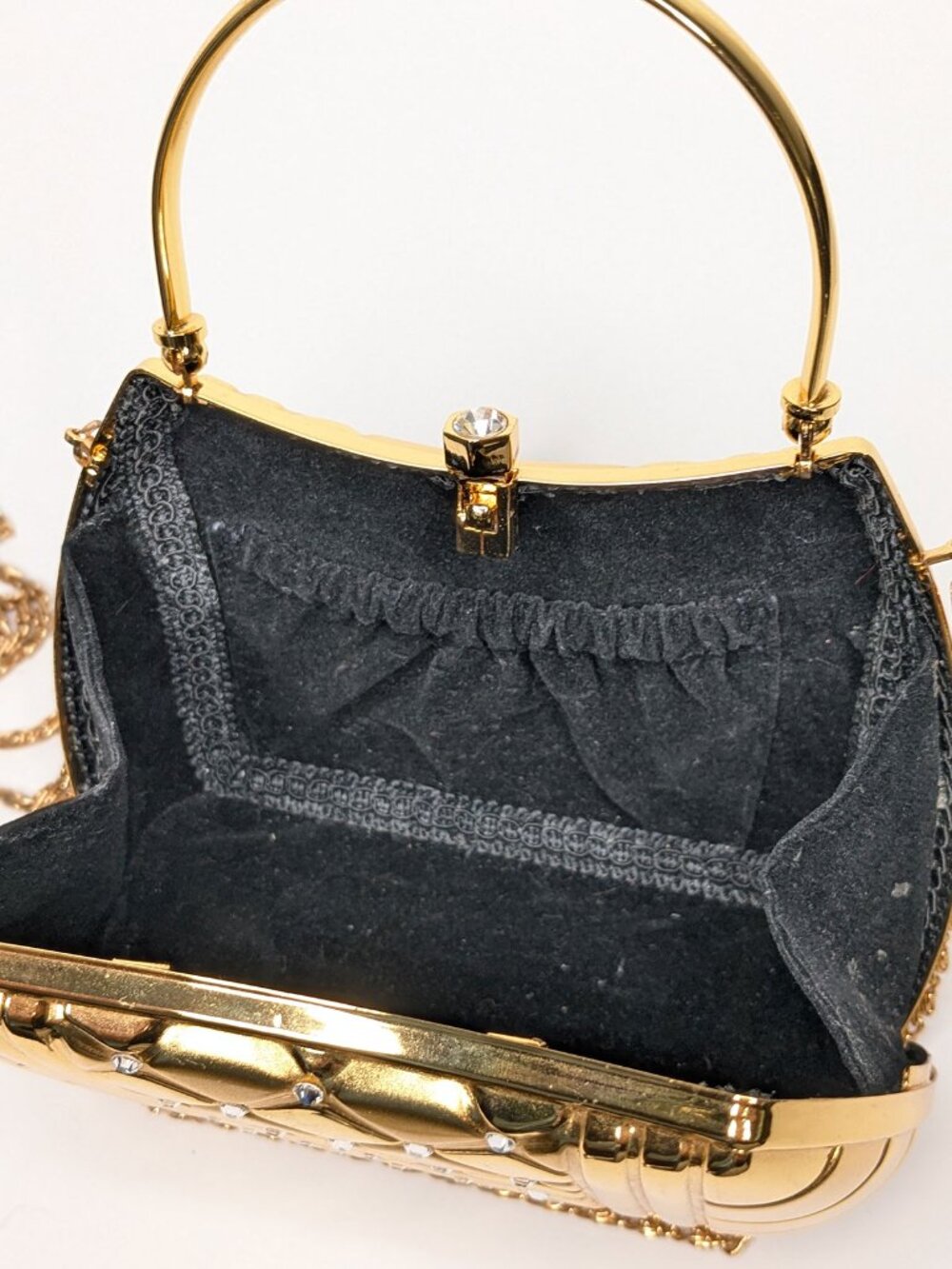 Vintage Gold Hard Shell Rhinestone Evening Bag Metal Box Clutch Crossbody Purse - Picture 7 of 14
